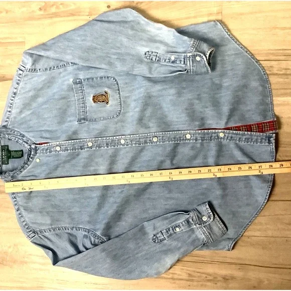 Womens Large Polo Ralph Lauren Denim Logo Shirt Long Sleeve Shirt Vintage - Picture 5 of 11
